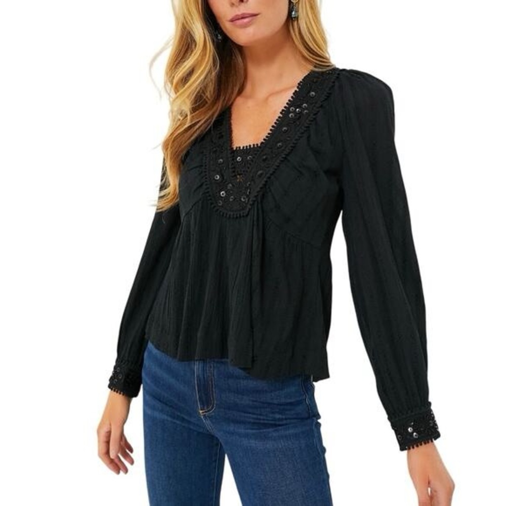Sea New York Charlotte Embroidery Long Sleeve Black Beaded Top - Picture 3 of 16